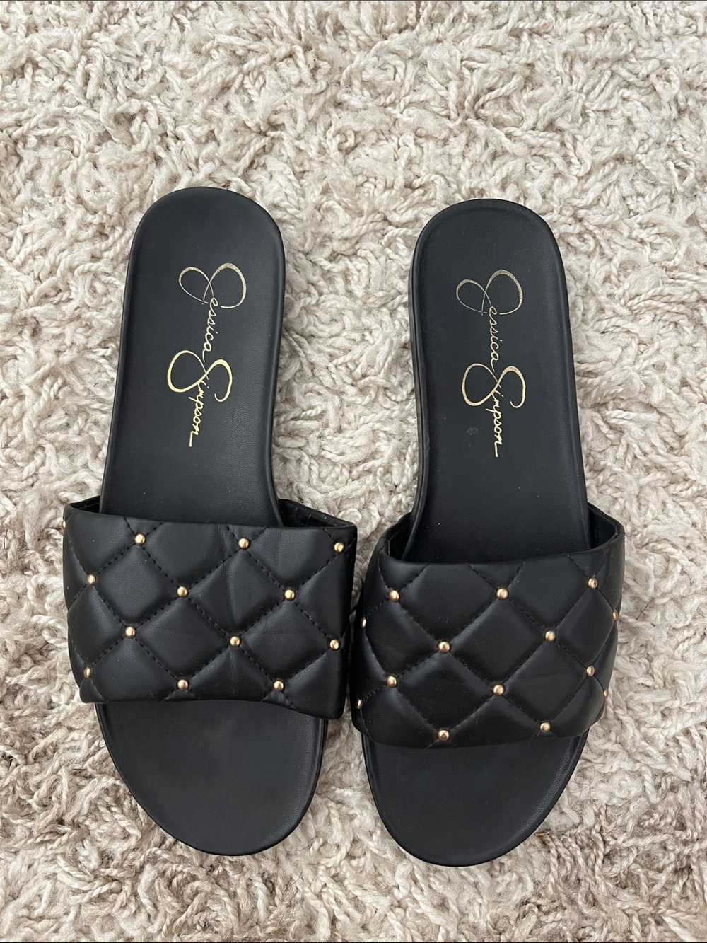 Jessica Simpson Black Quilted Slide Mules with Gold Studs